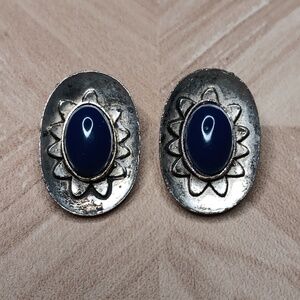 One of a kind handmade casted silver tone faux lapis lazuli clip on earrings